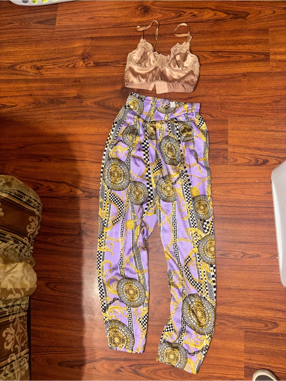 Purple & Gold Printed High-Waist Women’s Pants and gold lace trim crop top